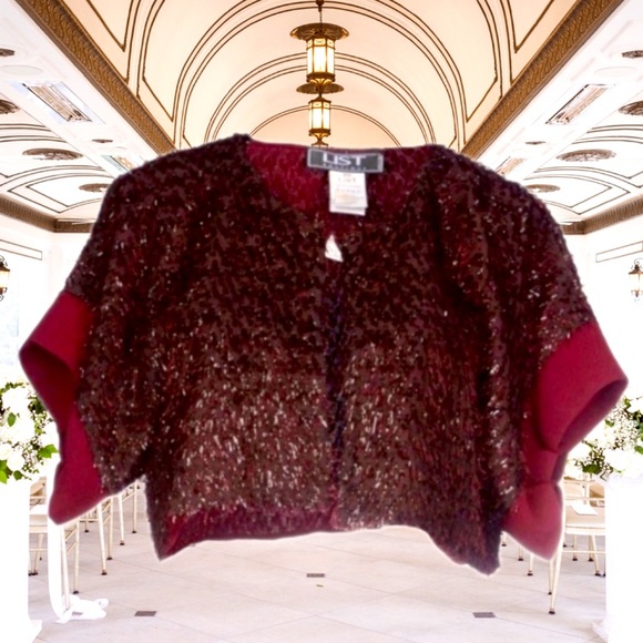 Glistening Romantic Burgundy Crop Jacket From Italy Designed by LIST - Picture 1 of 16
